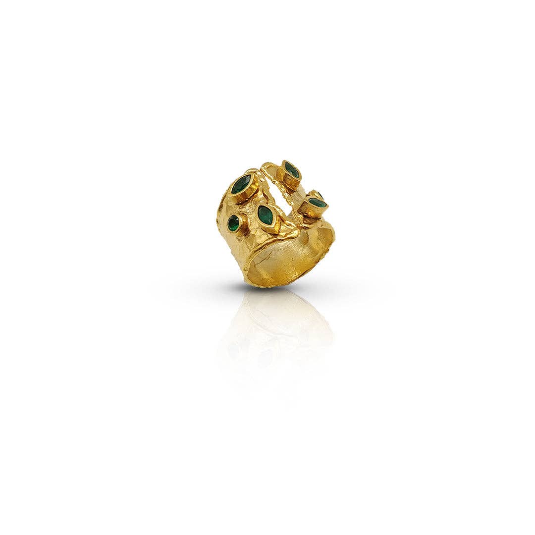 Gold Wide Band Emerald Cz Handmade Adjustable Ring
