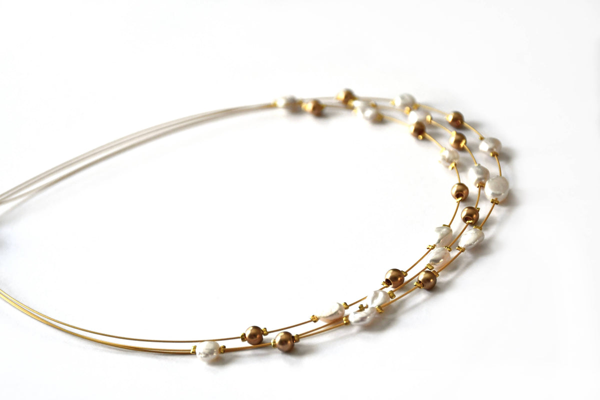 3 Strand Japanese Wire Necklace With Keisha Pearl An - SH38
