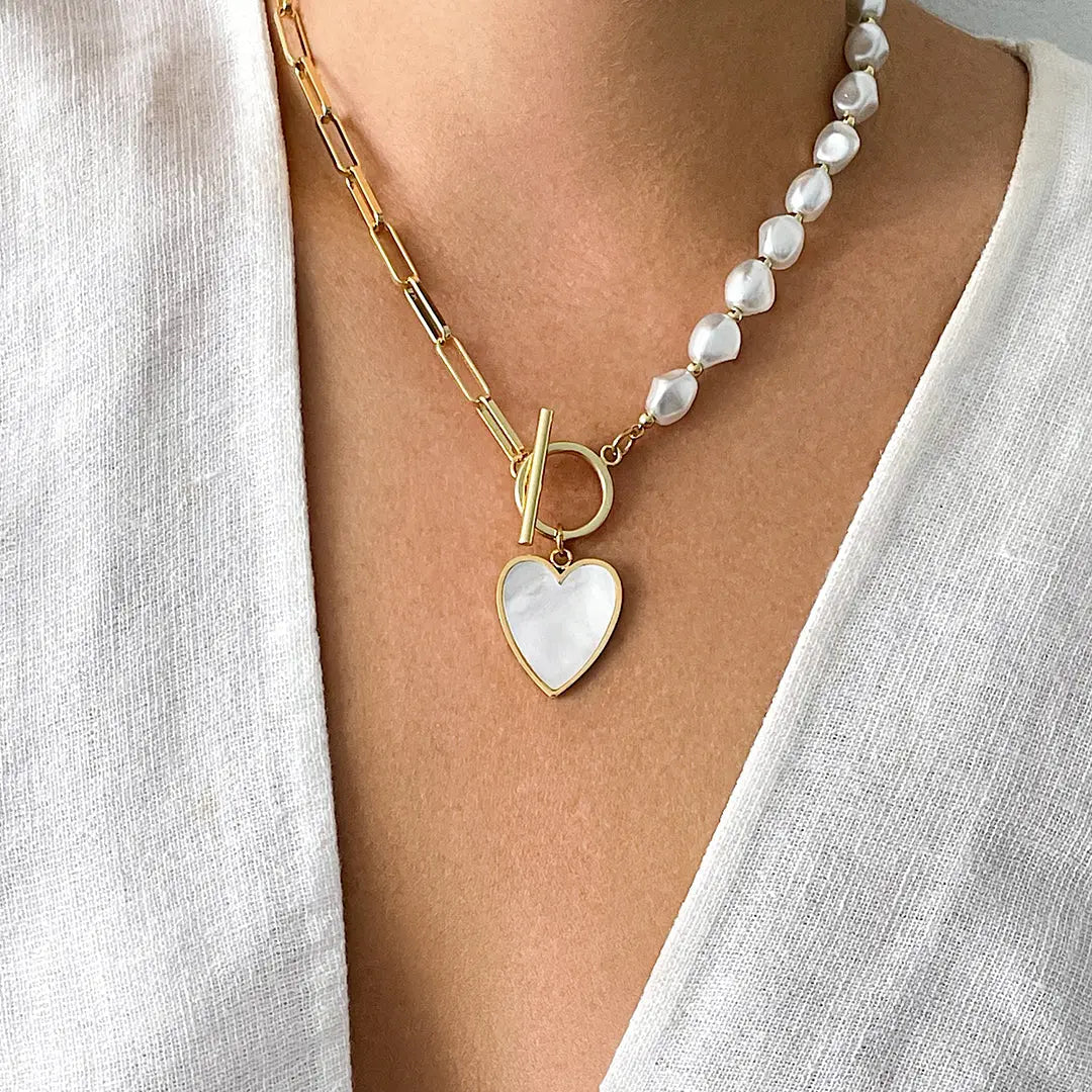 Pearl and Chain Heart Toggle Necklace