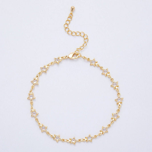 18K Gold Filled 5.5mm Clear CZ Celestial Star Chain 7 Inch Bracelet w. Extender | WA-04199