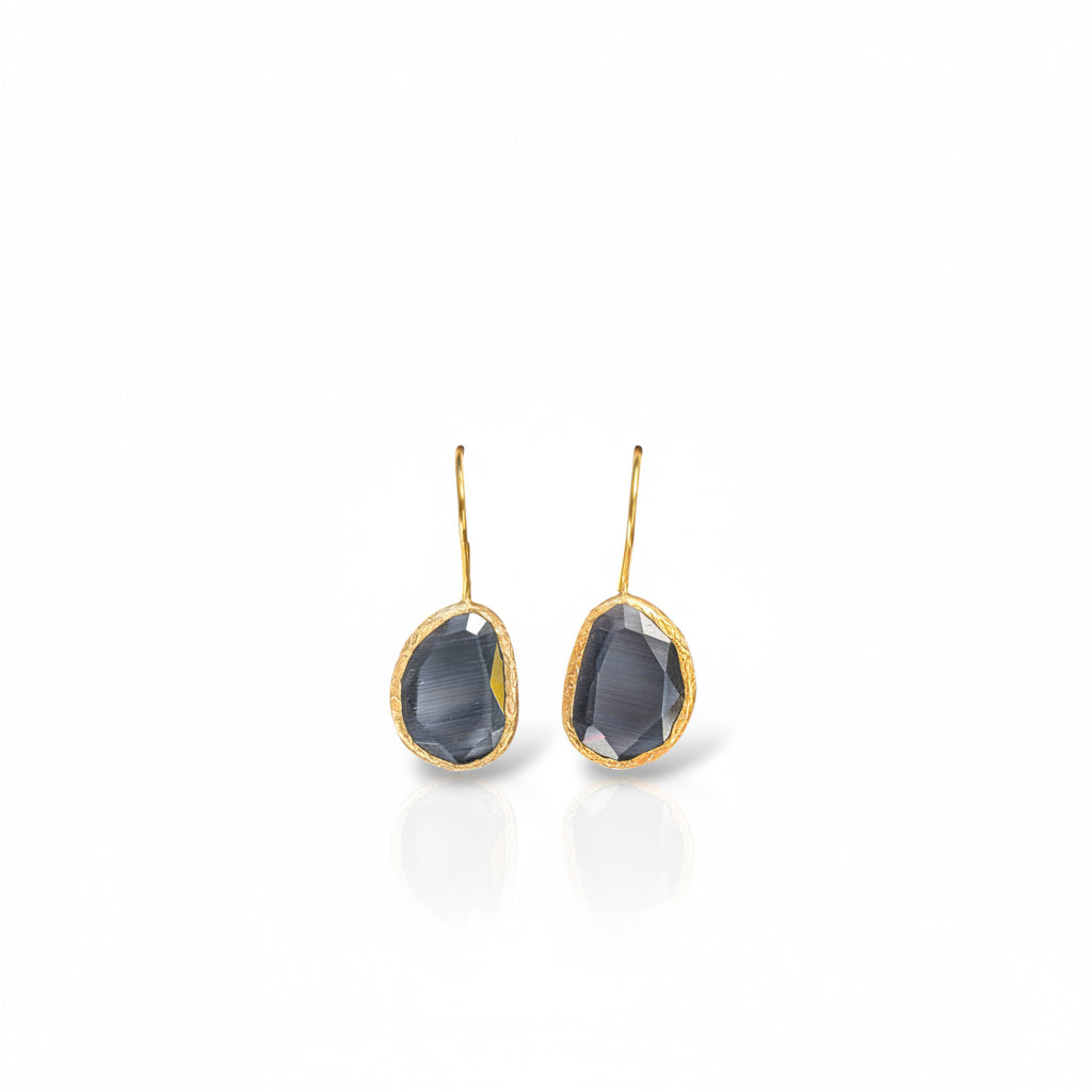 Grey Cats Eye Gold Drop Earrings