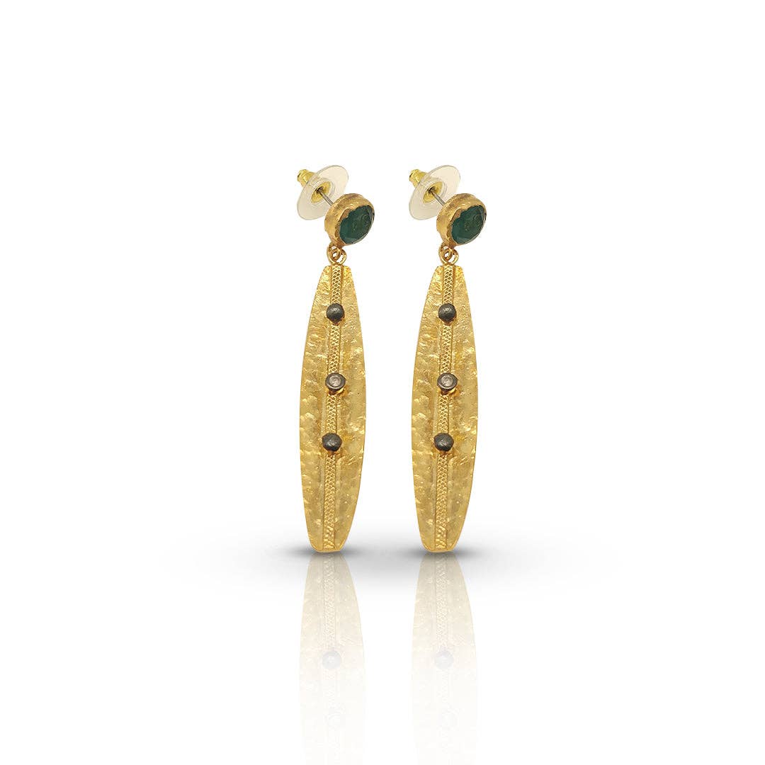 Green Onyx with Olive Leaf Handmade Gold Earrings