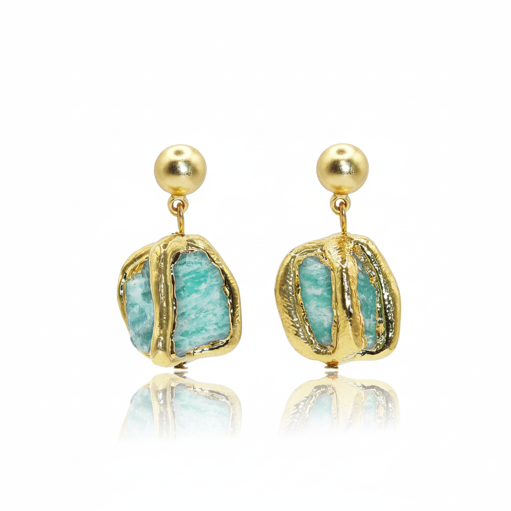 Gold Amazonite Drop Earrings - 24K Gold Plated
