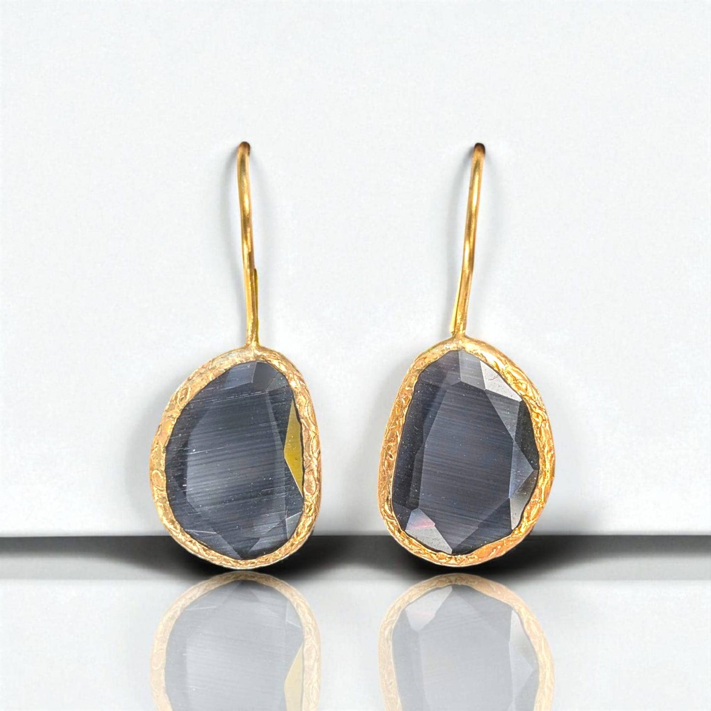 Grey Cats Eye Gold Drop Earrings
