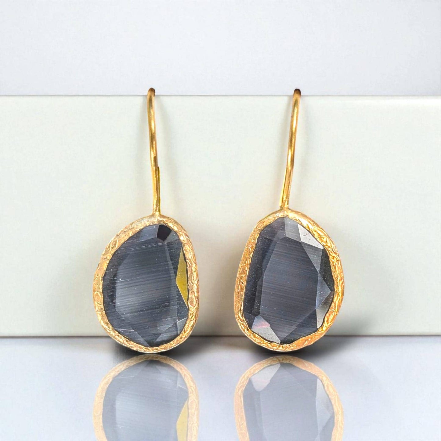 Grey Cats Eye Gold Drop Earrings