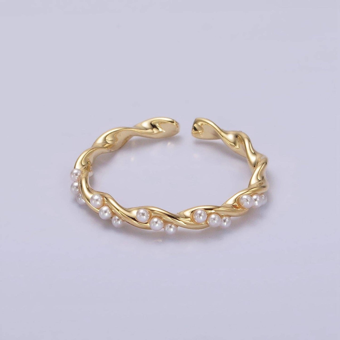 14K Gold Filled Dotted Pearl Lined Croissant Twisted Ring | O1186