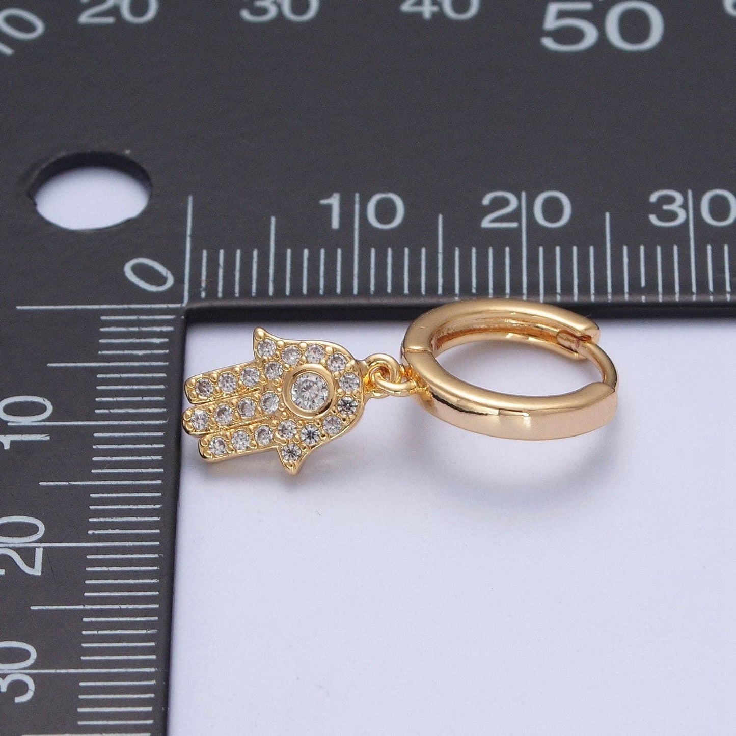 Gold Filled Clear CZ Hamsa Hand Charm Dangle Huggie Earring