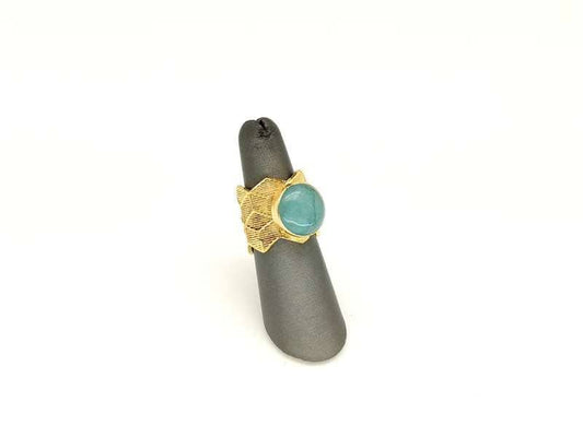 Gold Wide Band Blue Beryl Handmade Adjustable Ring