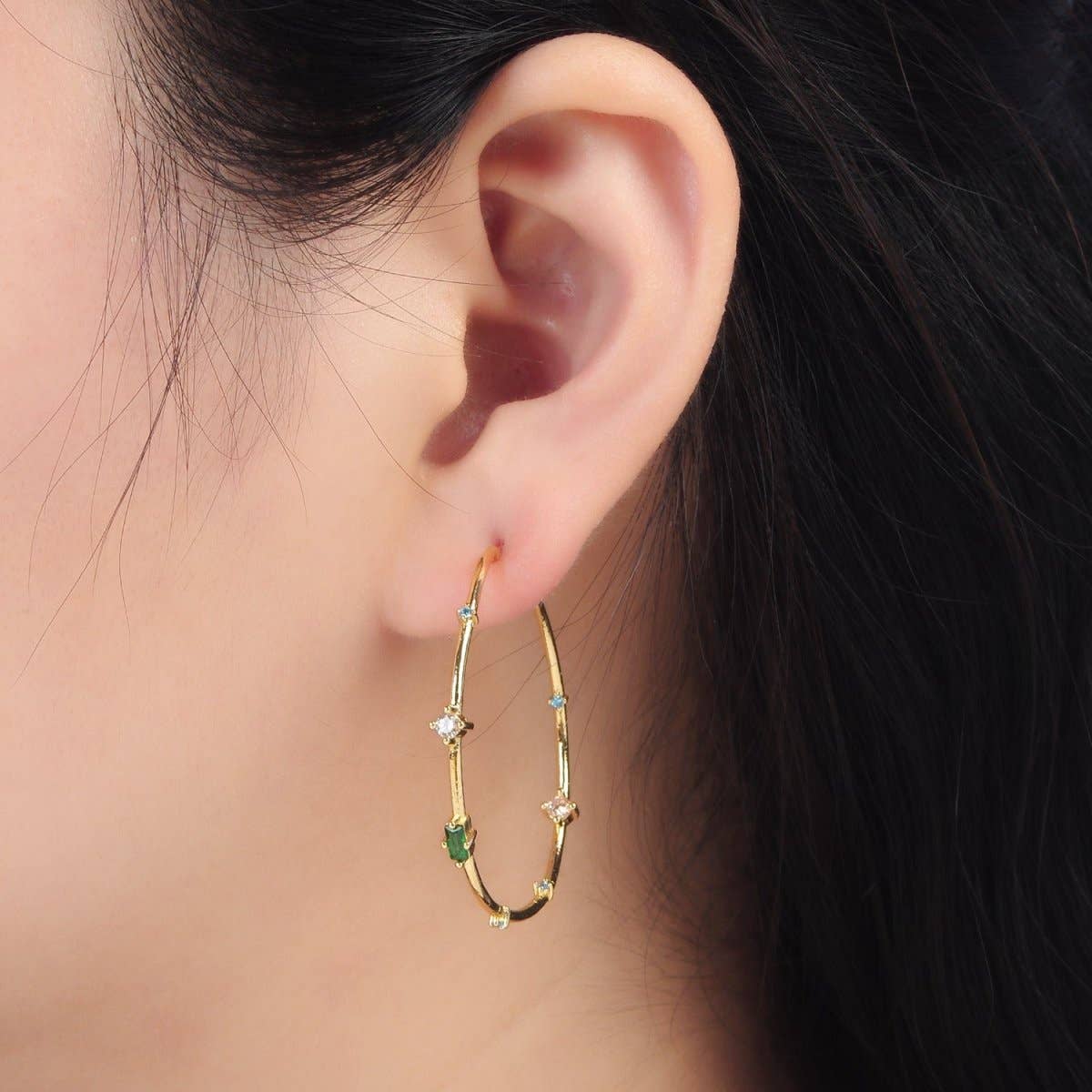 24K Gold Filled Clear Green Baguette CZ C-Shaped Hoop Earrings