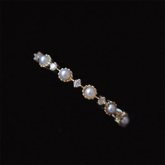 Dainty Gold Pearl Stacking Band Ring in 925 Sterling Silver