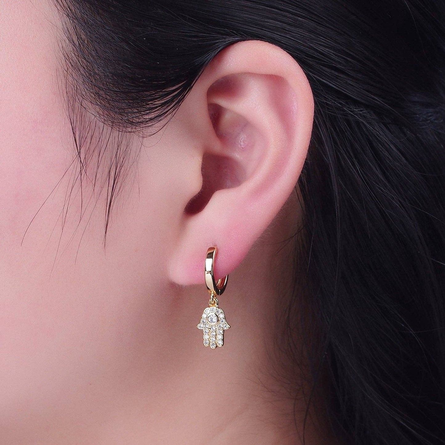 Gold Filled Clear CZ Hamsa Hand Charm Dangle Huggie Earring