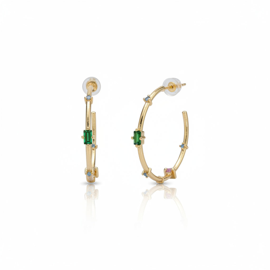 24K Gold Filled Clear Green Baguette CZ C-Shaped Hoop Earrings