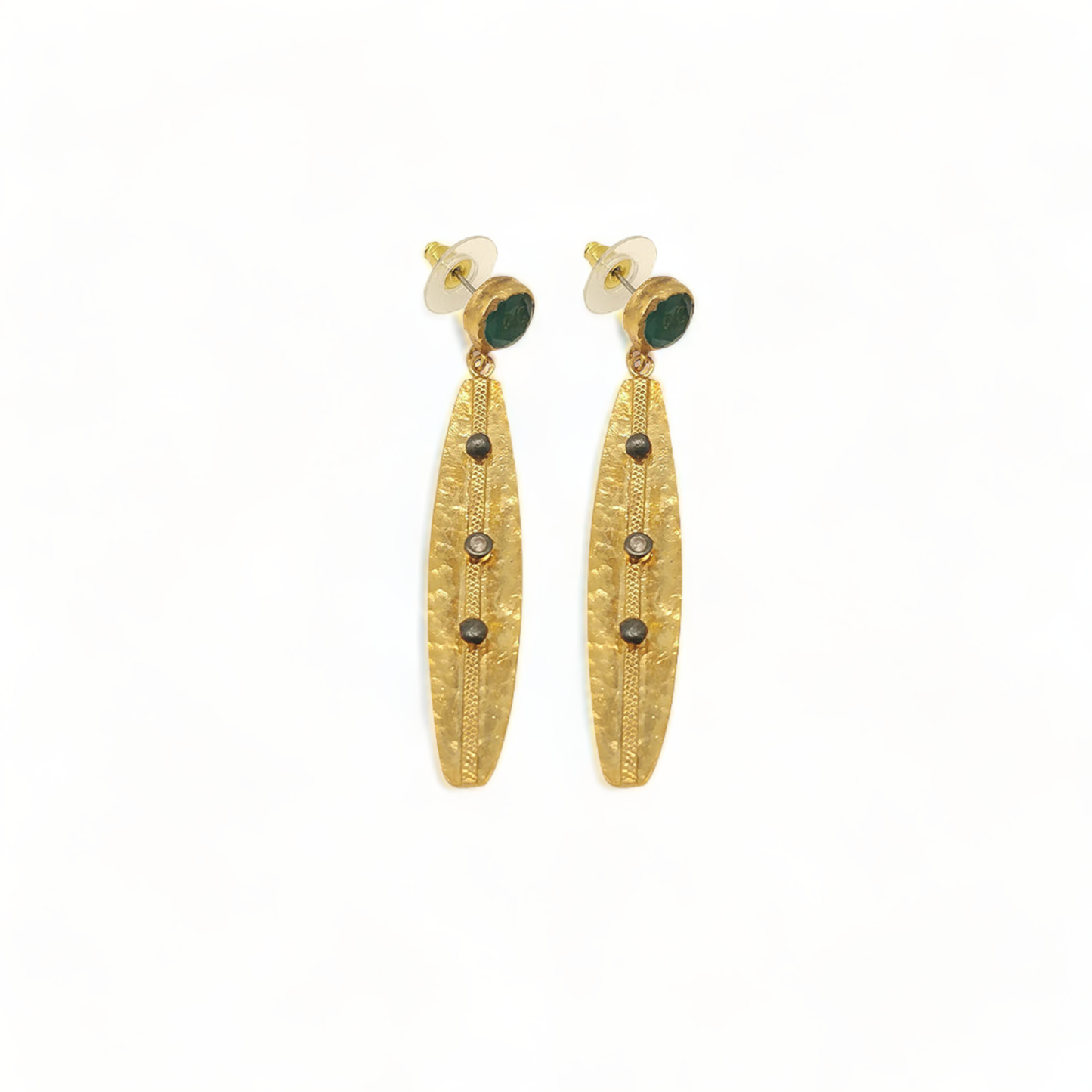 Green Onyx with Olive Leaf Handmade Gold Earrings