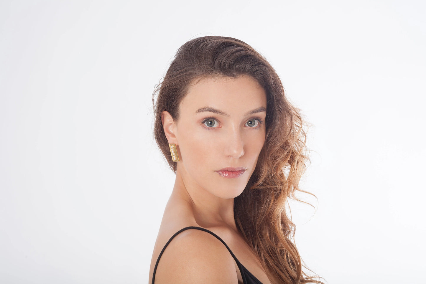 Mini Pearl Adorned Gold Rectangular Earrings