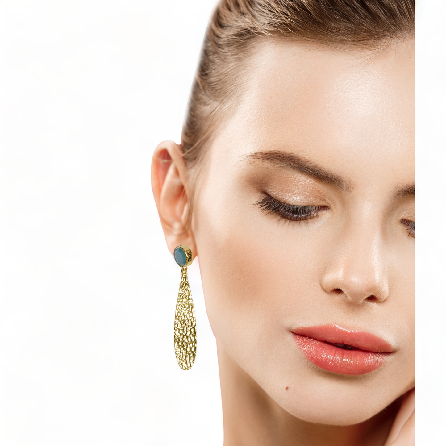 Blue Catseye Hammered Drop Gold Earrings | Tarnish-Resistant