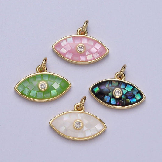 Natural Green Pink White Blue Black Shell Evil Eye Charm in Gold for Add on Jewelry| X-765 - X-768