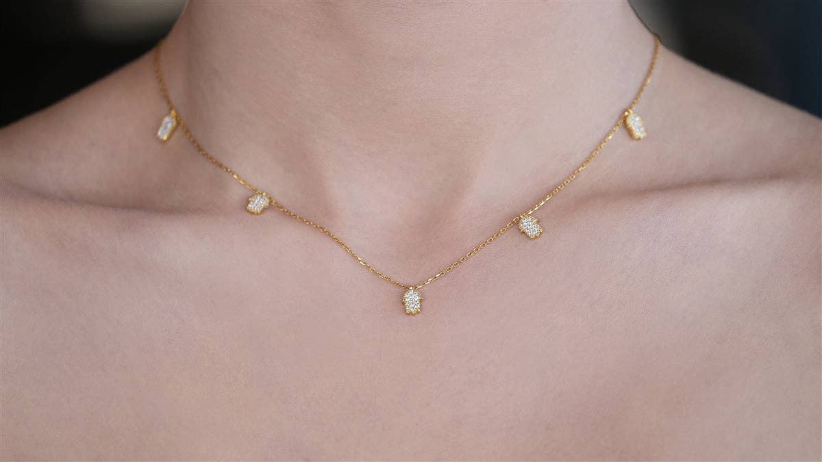 White CZ & Silver | Gold Accent Protective Hamsa Necklace