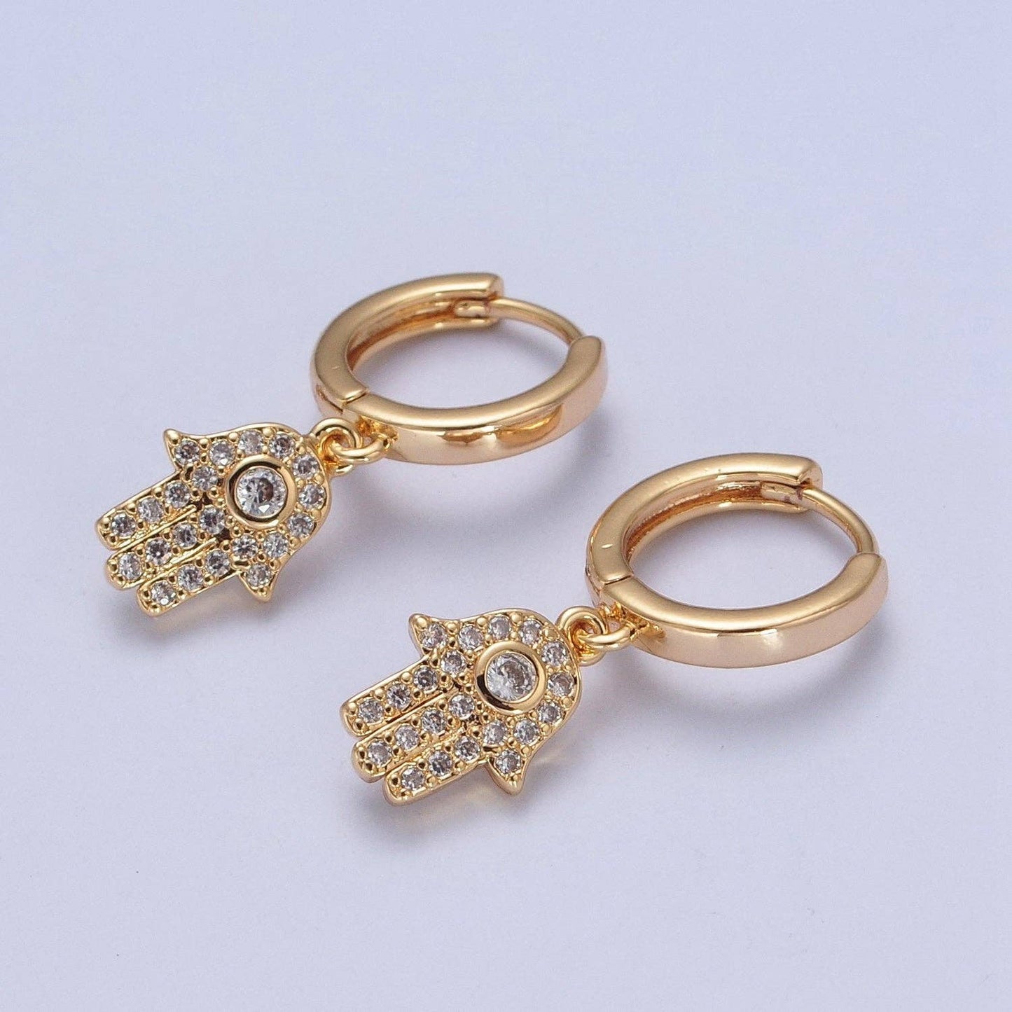 Gold Filled Clear CZ Hamsa Hand Charm Dangle Huggie Earring