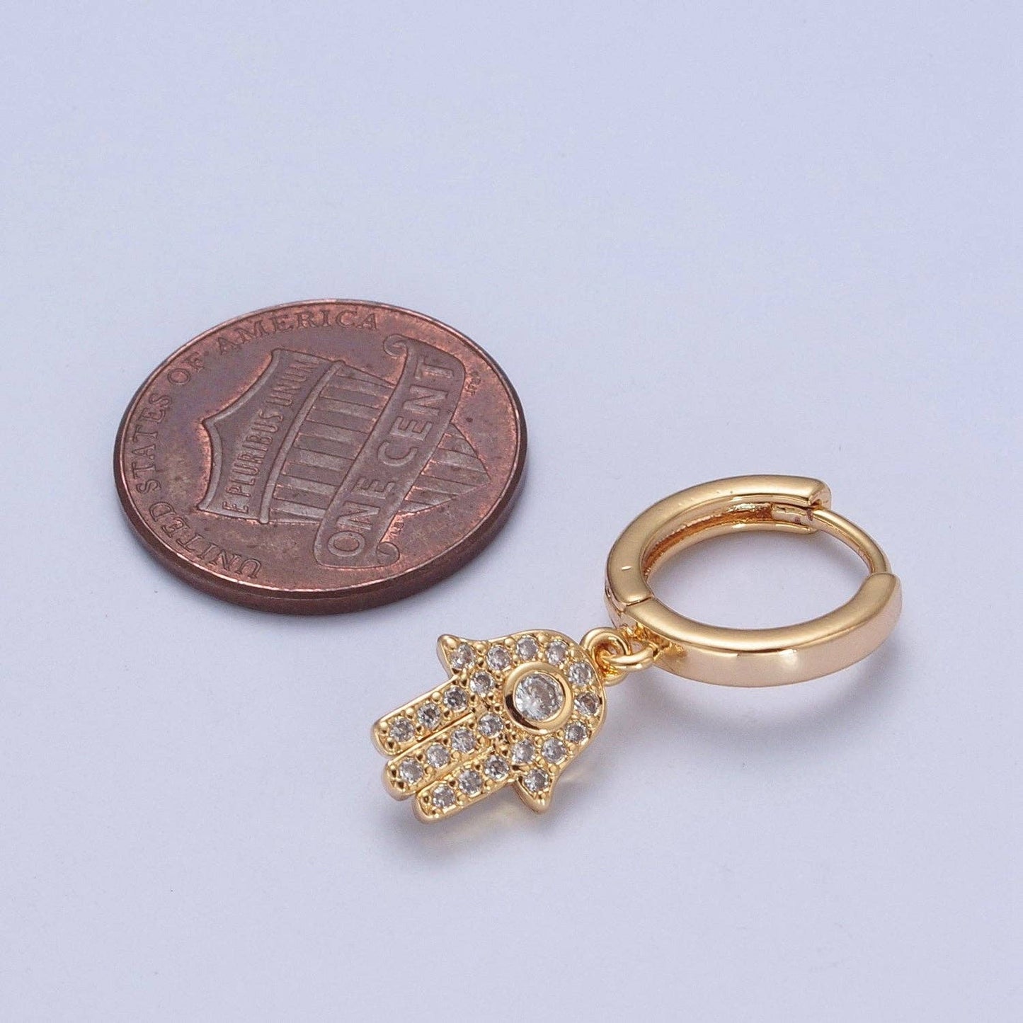 Gold Filled Clear CZ Hamsa Hand Charm Dangle Huggie Earring