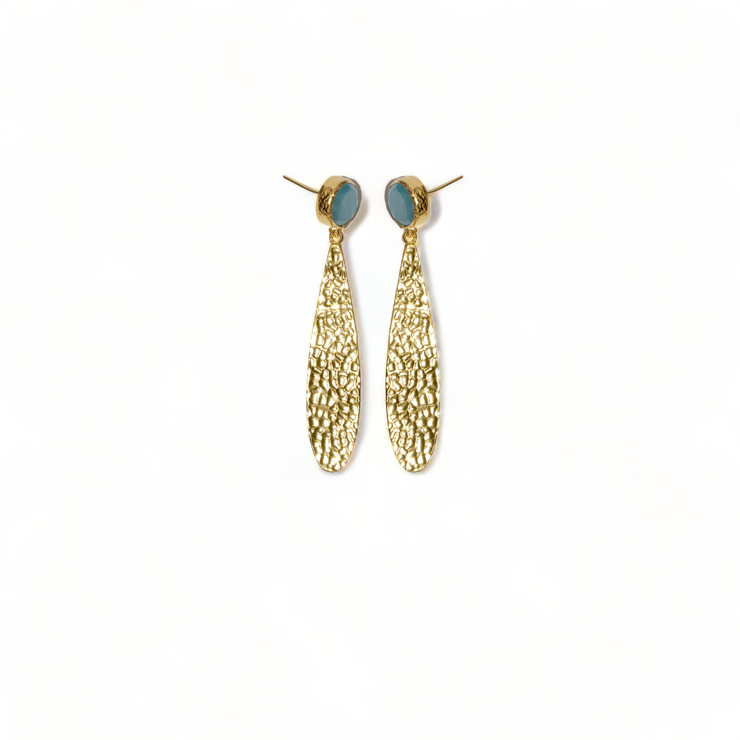 Blue Catseye Hammered Drop Gold Earrings | Tarnish-Resistant