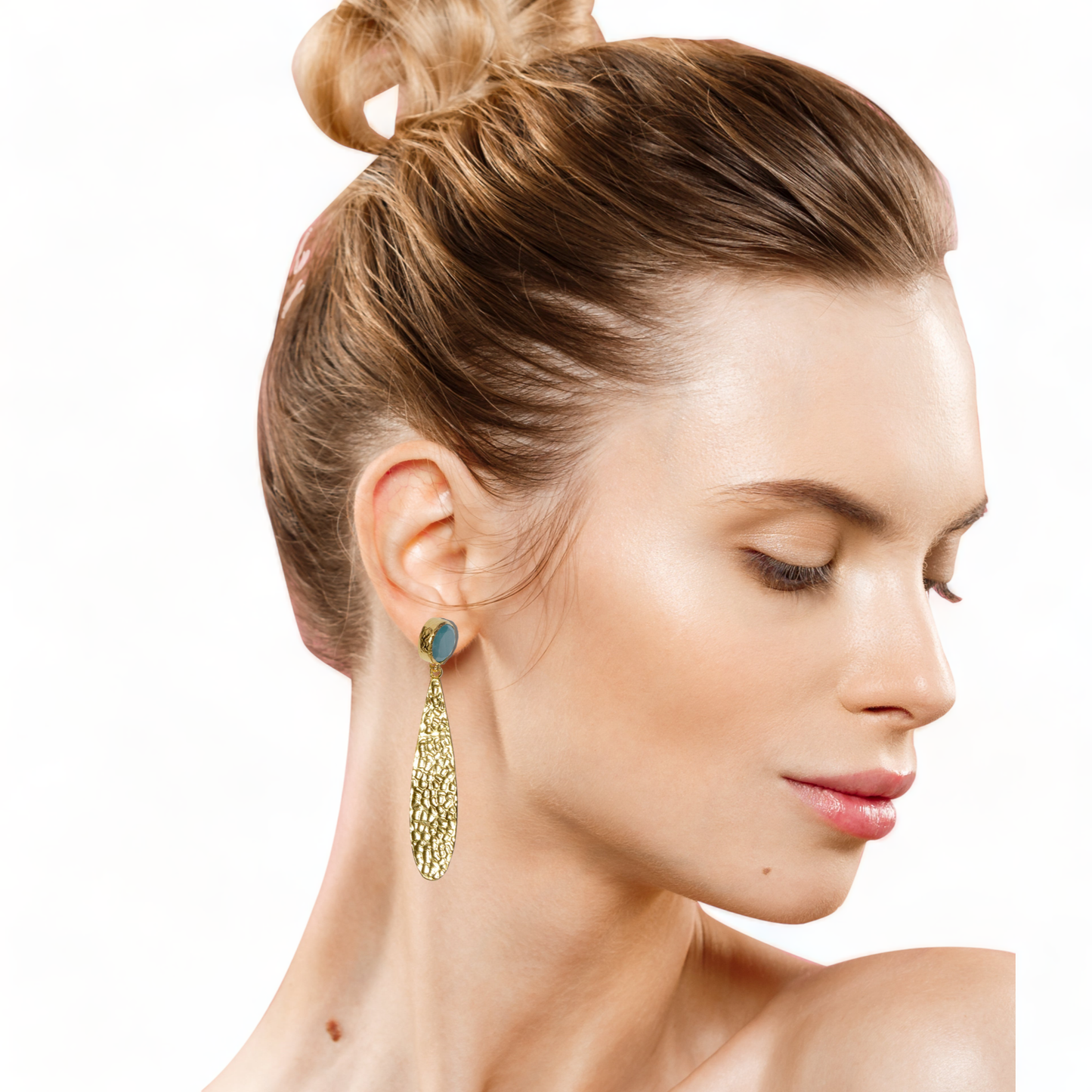 Blue Catseye Hammered Drop Gold Earrings | Tarnish-Resistant