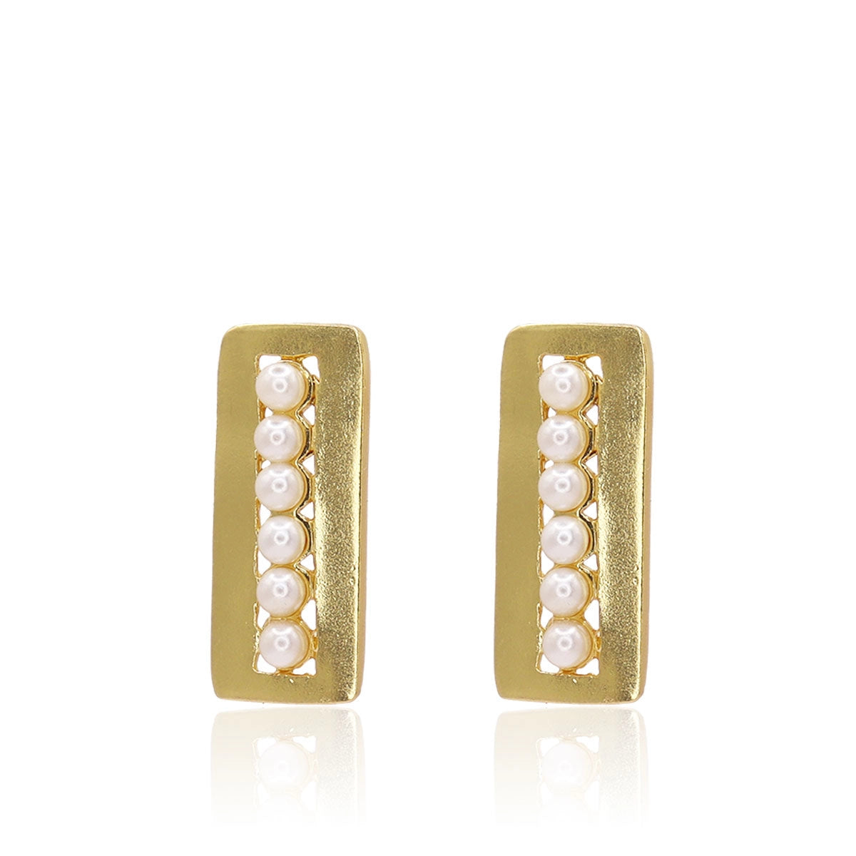 Mini Pearl Adorned Gold Rectangular Earrings