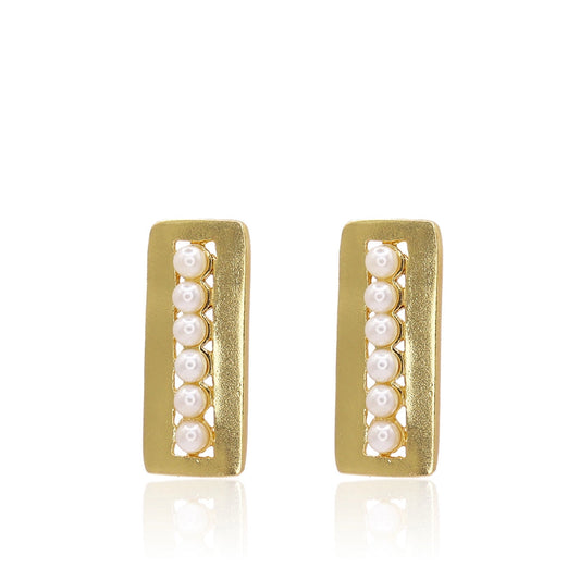 Mini Pearl Adorned Gold Rectangular Earrings