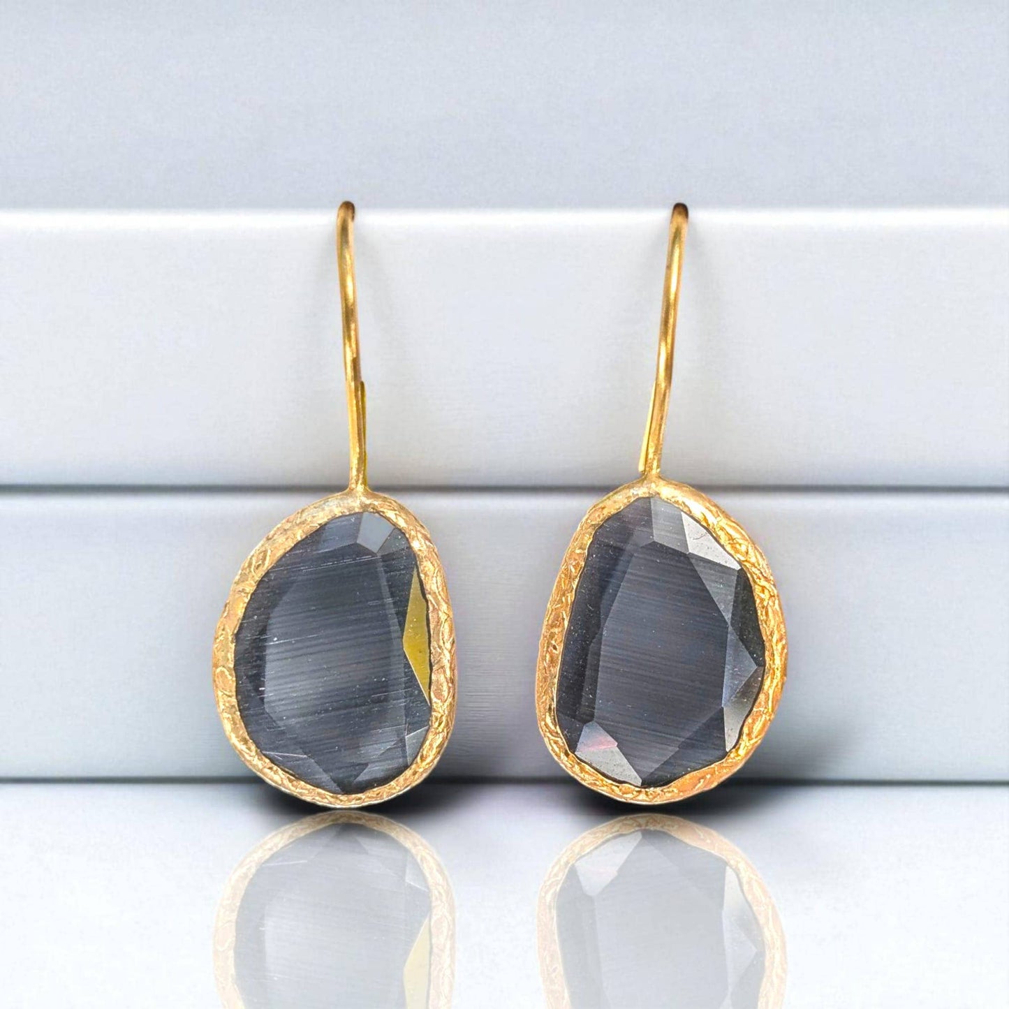 Grey Cats Eye Gold Drop Earrings
