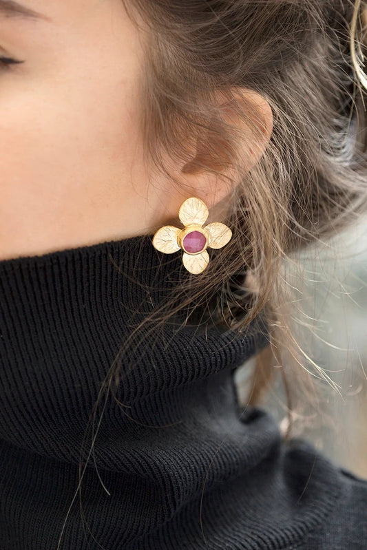 Pink Jade Flower Earrings.